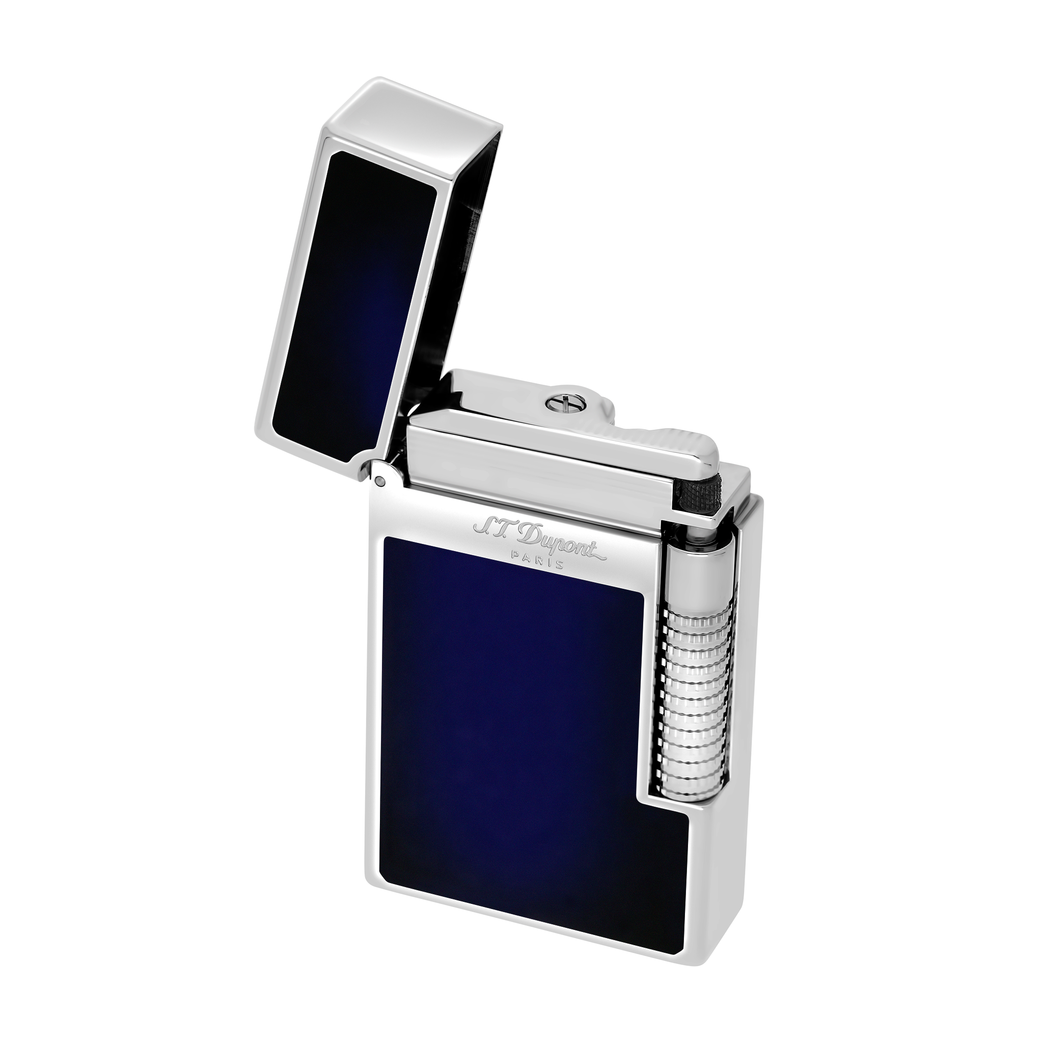 S.T. Dupont Le Grand lighter in blue Chinese lacquer, open, combining a soft flame and a jet flame